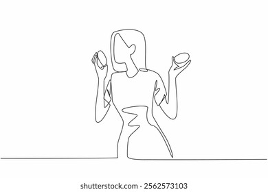 Single continuous line drawing a woman holding orange cut in half with both hands. The refreshing aroma of orange slices. Encouraging. National Sense Of Smell Day. One line design vector illustration