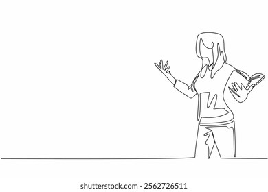 Single continuous line drawing woman in casual clothes reading a book or poetry in attractive pose. Practice seriously before performance. Great Poetry Reading Day. One line design vector illustration