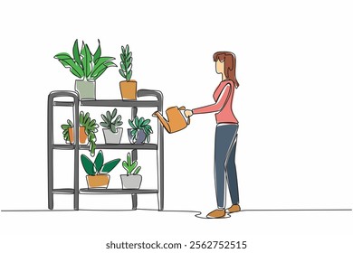 Single continuous line drawing a woman waters one of the potted plants on a plant pot rack using a watering can. Caring sincerely. Greening. National Gardening Day. One line design vector illustration