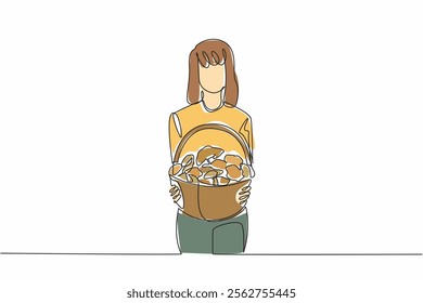 Single continuous line drawing woman carrying wicker basket filled with piles of mushrooms. Harvest not as expected. Weather is unpredictable. Day of the Mushroom. One line design vector illustration