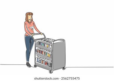 Single continuous line drawing woman in casual clothes pushing trolley full of rows of books. Some books will be repaired. Reading comfort. National Librarian Day. One line design vector illustration