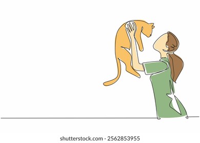 Single continuous line drawing a woman lifts and carries a cat. Inviting the pet to joke around. Funny behavior. Cat lover. Adorable. Cute. National Cat Lady Day. One line design vector illustration