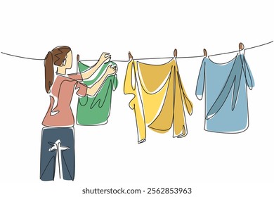 Single continuous line drawing a woman in casual clothes drying clothes. Morning routine before the sun rises and becomes very bright. National Hanging Out Day. One line design vector illustration