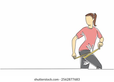 Single continuous line drawing a woman shaves her thighs with a measuring tape wrapped around her thighs. Exercises to tone thigh muscles. Love Your Thighs Day. One line design vector illustration