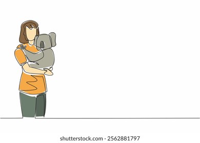 Single continuous line drawing a woman in casual clothes hugging a koala. Animals that have cute and adorable looks. Sleeping on a treetop. Hug an Australian Day. One line design vector illustration