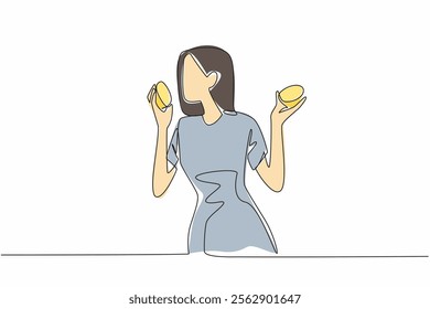 Single continuous line drawing a woman holding orange cut in half with both hands. The refreshing aroma of orange slices. Encouraging. National Sense Of Smell Day. One line design vector illustration