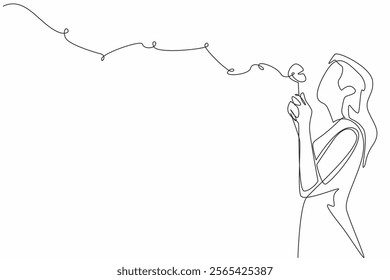 Single continuous line drawing woman in casual clothes holds a dandelion with both hands and blows it. High hopes are not as fragile as dandelions. World Wish Day. One line design vector illustration