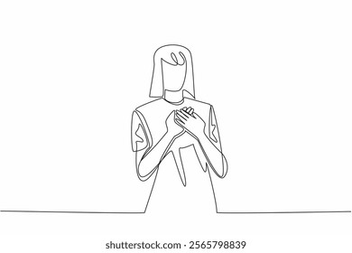 Single continuous line drawing woman poses with crossed palms on left chest. Expressing gratitude through body language. Humble attitude. National Honesty Day. One line design vector illustration