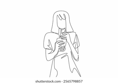 Single continuous line drawing a woman in casual clothes holds glass of bubble tea with both hands. Sweet drink lovers. Made from tapioca. National Bubble Tea Day. One line design vector illustration