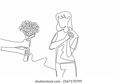 Single continuous line drawing woman clasps her hands in front of her chest when given a bouquet of flowers. Touched by small attentions. Couple Appreciation Day. One line design vector illustration