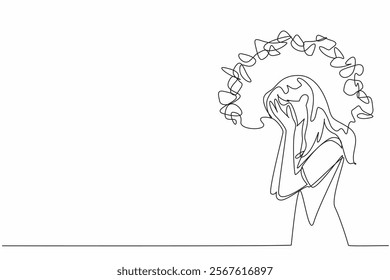 Single continuous line drawing a woman cover face with both palms with around head tangled thread. Heartache. Prolonged stress. National Anxiety Screening Day. One line design vector illustration