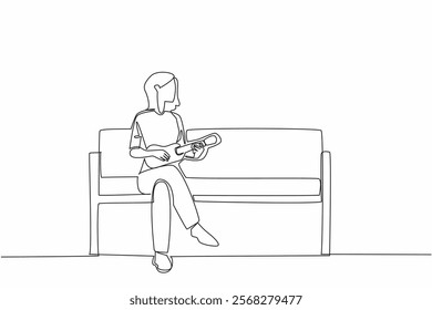 Single continuous line drawing a woman sitting on a park bench playing the ukulele. Chasing away loneliness. Playing to entertain. National Play Your Ukulele Day. One line design vector illustration