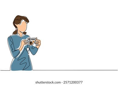 Single continuous line drawing a woman holding transparent glass cup filled with tea and there is tea paper. Want to improve a bad mood. Calming. National Tea Day. One line design vector illustration