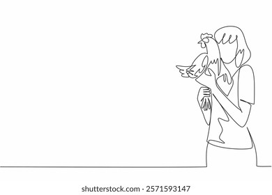 Single continuous line drawing a woman in casual clothes lifts a hen and puts it to her cheek. Laying a lot of eggs. Fowl. International Respect for Chickens Day. One line design vector illustration