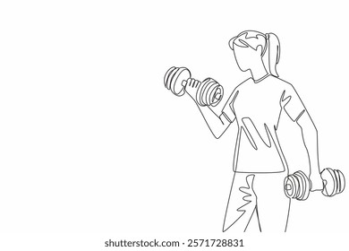 Single continuous line drawing a woman lifting dumbbells in each hand. Exercise to become stronger and healthier. Sweat. Gym. Needs of woman. National Fitness Day. One line design vector illustration