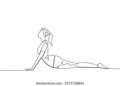 Single continuous line drawing woman wearing short sleeve t-shirt posing on the floor. Movement trains focus on the mind. Do yoga in the spare time. Pilates Day. One line design vector illustration