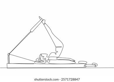 Single continuous line drawing woman posing on fitness equipment. Exercise to maintain body. Make it always healthy. Training. Adult women activities. Pilates Day. One line design vector illustration