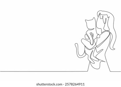 Single continuous line drawing a woman hugs and kisses a cat. The only pet that truly loved. Always walk together in evening and weekends. National Pet Parents Day. One line design vector illustration