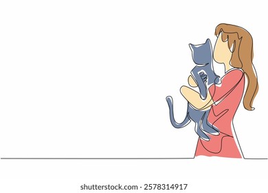 Single continuous line drawing a woman hugs and kisses a cat. The only pet that truly loved. Always walk together in evening and weekends. National Pet Parents Day. One line design vector illustration