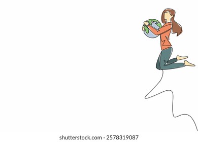 Single continuous line drawing a woman in casual clothes jumps while holding a globe. Female parkour player. An exciting hobby. Expression. We Jump The World Day. One line design vector illustration