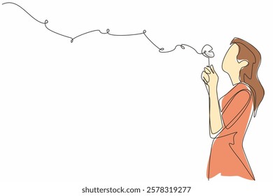 Single continuous line drawing woman in casual clothes holds a dandelion with both hands and blows it. High hopes are not as fragile as dandelions. World Wish Day. One line design vector illustration