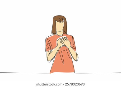 Single continuous line drawing woman poses with crossed palms on left chest. Expressing gratitude through body language. Humble attitude. National Honesty Day. One line design vector illustration