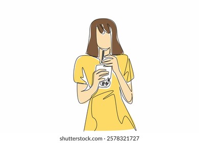 Single continuous line drawing a woman in casual clothes holds glass of bubble tea with both hands. Sweet drink lovers. Made from tapioca. National Bubble Tea Day. One line design vector illustration