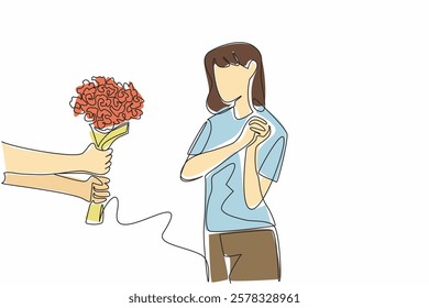 Single continuous line drawing woman clasps her hands in front of her chest when given a bouquet of flowers. Touched by small attentions. Couple Appreciation Day. One line design vector illustration