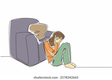 Single continuous line drawing woman sitting on floor leaning on single sofa, cover face with both palms. Deep heartbreak. Alone. National Anxiety Screening Day. One line design vector illustration