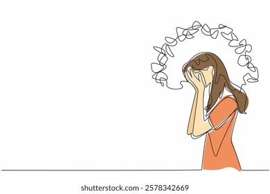 Single continuous line drawing a woman cover face with both palms with around head tangled thread. Heartache. Prolonged stress. National Anxiety Screening Day. One line design vector illustration