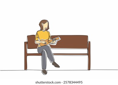 Single continuous line drawing a woman sitting on a park bench playing the ukulele. Chasing away loneliness. Playing to entertain. National Play Your Ukulele Day. One line design vector illustration