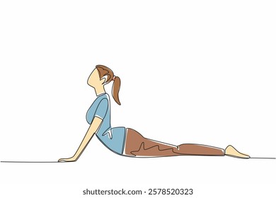 Single continuous line drawing woman wearing short sleeve t-shirt posing on the floor. Movement trains focus on the mind. Do yoga in the spare time. Pilates Day. One line design vector illustration