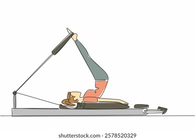 Single continuous line drawing woman posing on fitness equipment. Exercise to maintain body. Make it always healthy. Training. Adult women activities. Pilates Day. One line design vector illustration