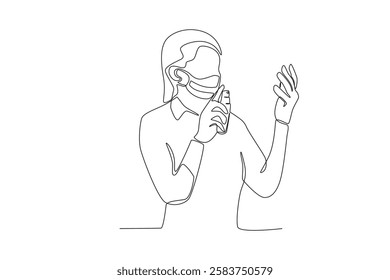 Single continuous line drawing of Woman with mask is spraying hand sanitizer. Medical health care service workers concept one line draw design vector graphic illustration
