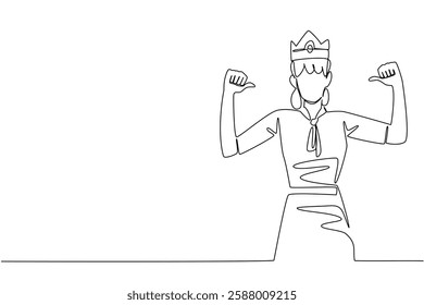 Single continuous line drawing a woman in casual clothes wearing a crown and pointing at herself with both thumbs. High self esteem. Success. Reward Yourself Day. One line design vector illustration