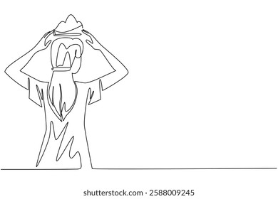 Single continuous line drawing a woman dressed in casual clothes puts a crown on her head for herself. Raise the level with success. Award. Reward Yourself Day. One line design vector illustration