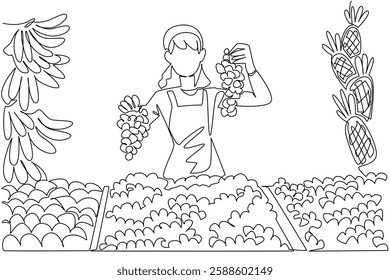 Single continuous line drawing a woman selling fruit holding grapes at her stall. Explaining the advantages of each type of grape. National Small Business Day. One line design vector illustration