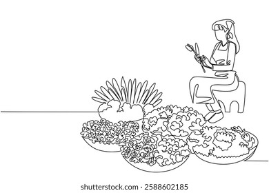 Single continuous line drawing a woman sitting and some baskets containing several types of flowers. Peddling on the roadside. Florist. National Small Business Day. One line design vector illustration