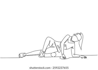 Single continuous line drawing a woman exercising using a foam roller. Demonstrate movements to relax the thigh muscles. Trainer. Gym. National Foam Rolling Day. One line design vector illustration