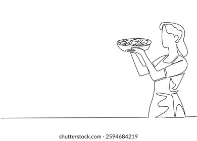 Single continuous line drawing a woman wearing an apron holds an apple pie on a round tray. The finished dough is immediately baked. Tasty. National Apple Pie Day. One line design vector illustration