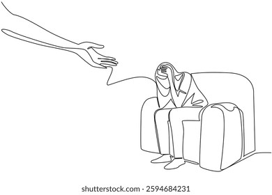 Single continuous line drawing a woman sitting on a sofa with both hands holding her head. Give a helping hand. National Mental Health Provider Appreciation Day. One line design vector illustration