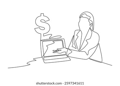 Single continuous line drawing of woman staff explain about company finance. Money savings, personal investment, finance, funding, bank deposit, capital accumulation. One line graphic design vector