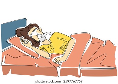 Single continuous line drawing woman sleeping on bed using a blanket while wearing CPAP mask. Avoiding breathing disorders during sleep. Sleep Apnea Awareness Day. One line design vector illustration
