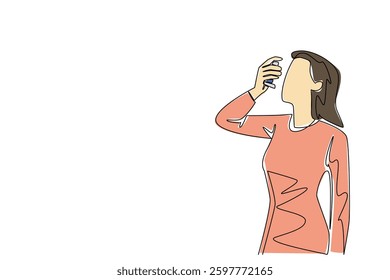 Single continuous line drawing a woman inhales asthma inhaler. Unfriendly weather triggers an asthma attack. First aid prevents permanent relapse. World Asthma Day. One line design vector illustration - Powered by Shutterstock - Get 15% off with code: PIKWIZARD15