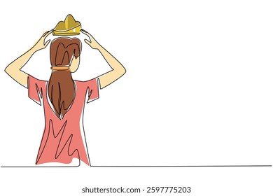 Single continuous line drawing a woman dressed in casual clothes puts a crown on her head for herself. Raise the level with success. Award. Reward Yourself Day. One line design vector illustration