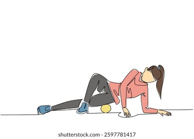 Single continuous line drawing a woman exercising using a foam roller. Demonstrate movements to relax the thigh muscles. Trainer. Gym. National Foam Rolling Day. One line design vector illustration