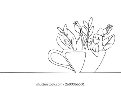 Single continuous line drawing woman wearing casual clothes holding a cup while soaking and leaning on the cup. Relaxation. Calming down. Enjoy. Soaking Inside Cup. One line design vector illustration