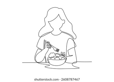 Single continuous line drawing of woman eating healthy. Fitness stretching concept. Trendy one line draw design vector illustration