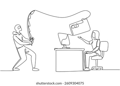 Single continuous line drawing woman typing on laptop and thief fishing for large credit card. Committing a crime. Hacker. National Senior Fraud Awareness Day. One line design vector illustration
