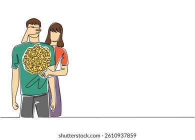Single continuous line drawing a woman standing behind a man covering the eyes of a man with one of her hands. Happy to give surprises. Care. Loving. Surprise. One line design vector illustration